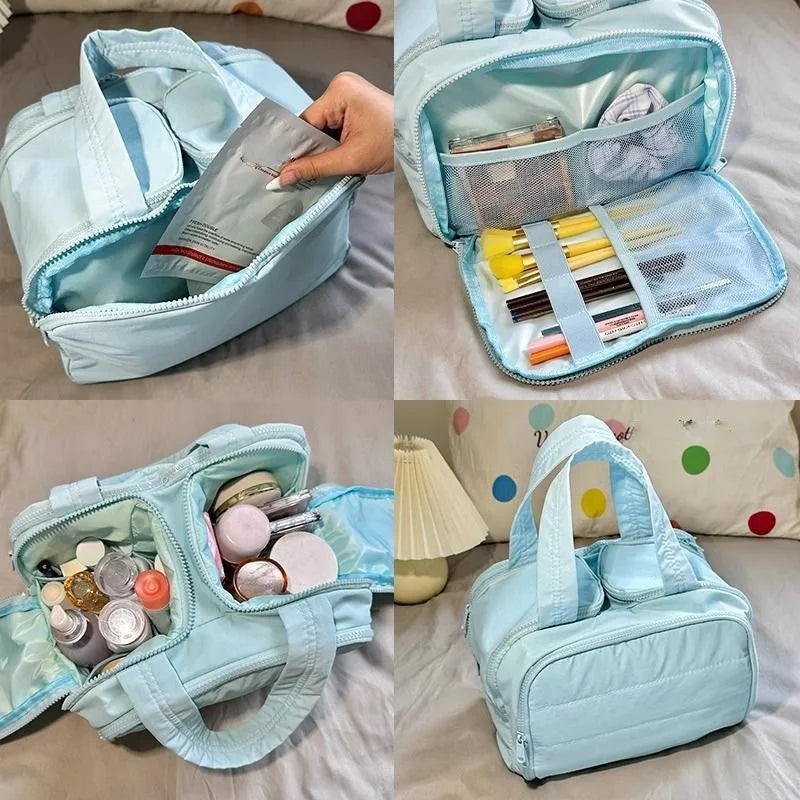 A light blue multipocket travel toiletry bag is shown open and closed, displaying various cosmetic and grooming products.