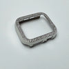 Silver glitter diamond rhinestone bumper case for an Apple Watch displayed on a white background.