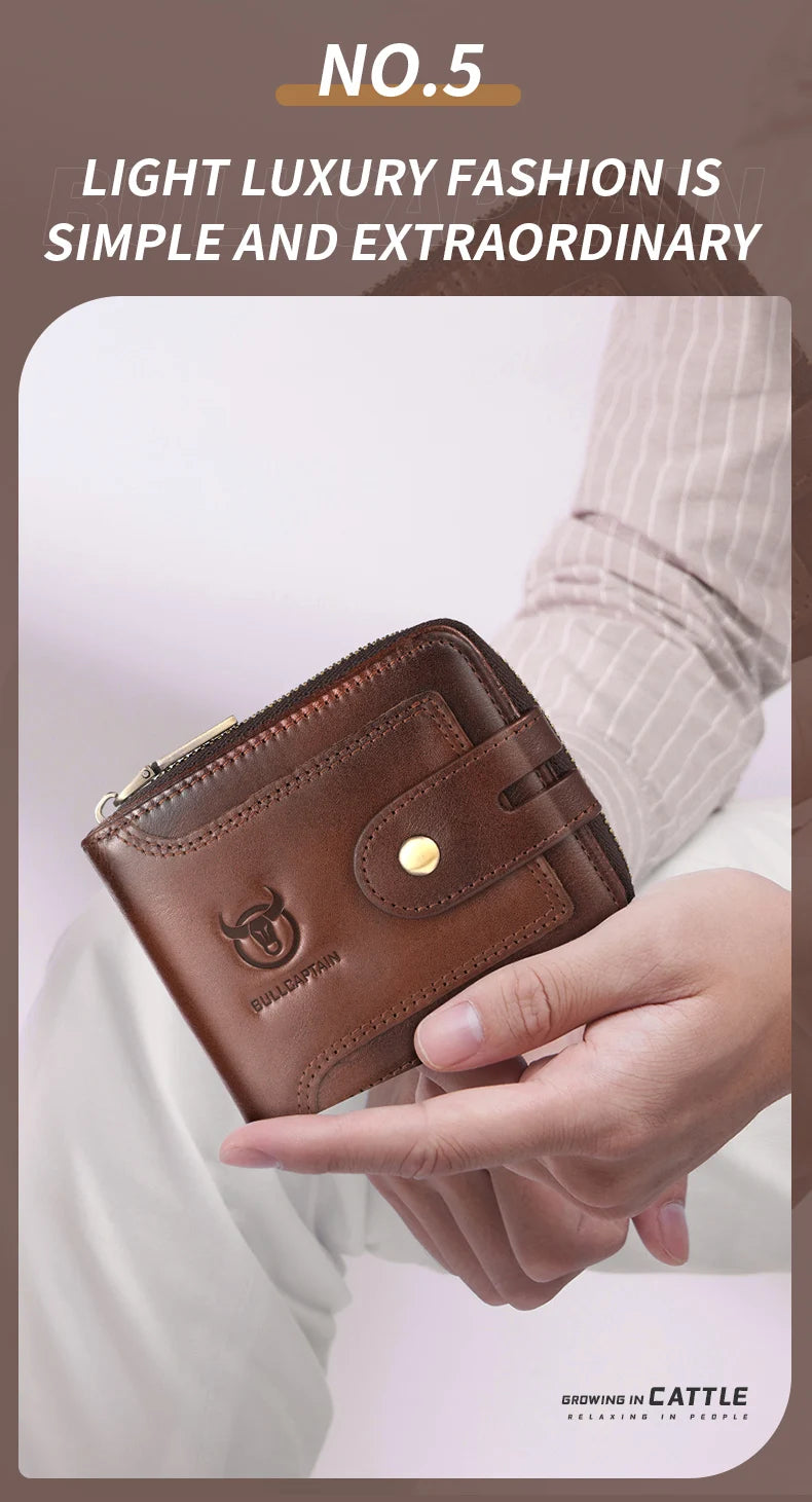 A brown genuine leather wallet is held in a hand against a light background.