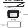 A black multi-functional zipper wallet shown with its keychain strap and dimensions compared to an iPhone 13 Pro.