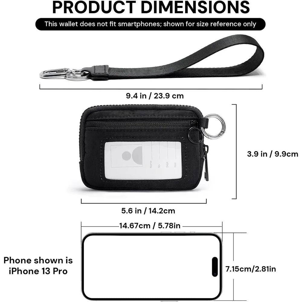 A black multi-functional zipper wallet shown with its keychain strap and dimensions compared to an iPhone 13 Pro.