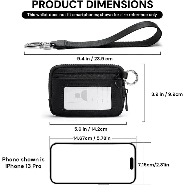 Portefeuille à fermeture éclair noir multifonction avec cordon de clés et dimensions comparées à un iPhone 13 Pro.