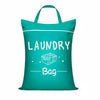 A teal fabric laundry bag with a white graphic of a box and the word Laundry Bag printed on it.