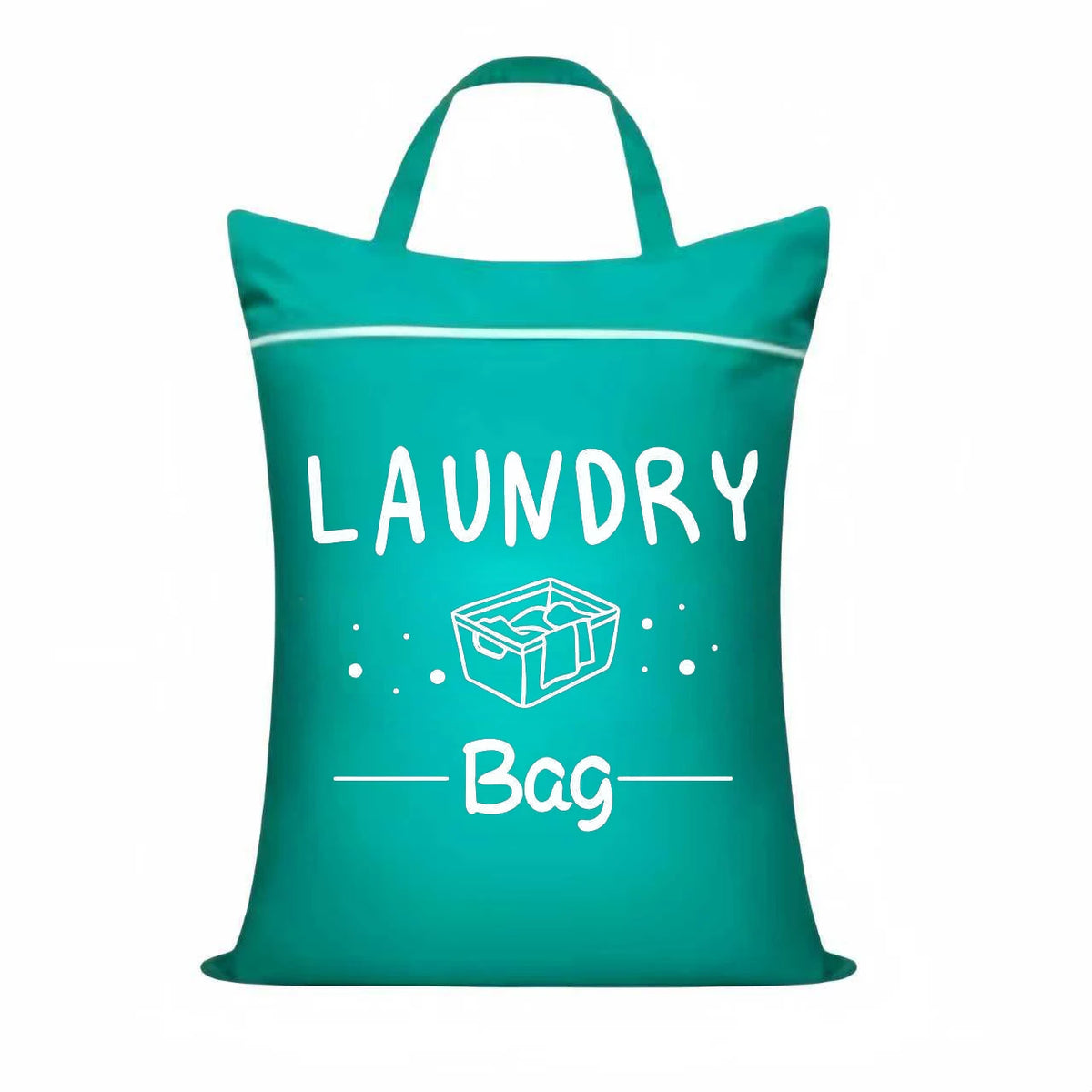 A teal fabric laundry bag with a white graphic of a box and the word Laundry Bag printed on it.