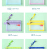 A collection of six compact double-layer zipper pouches in various colors including light blue, pink, purple, yellow, green, 