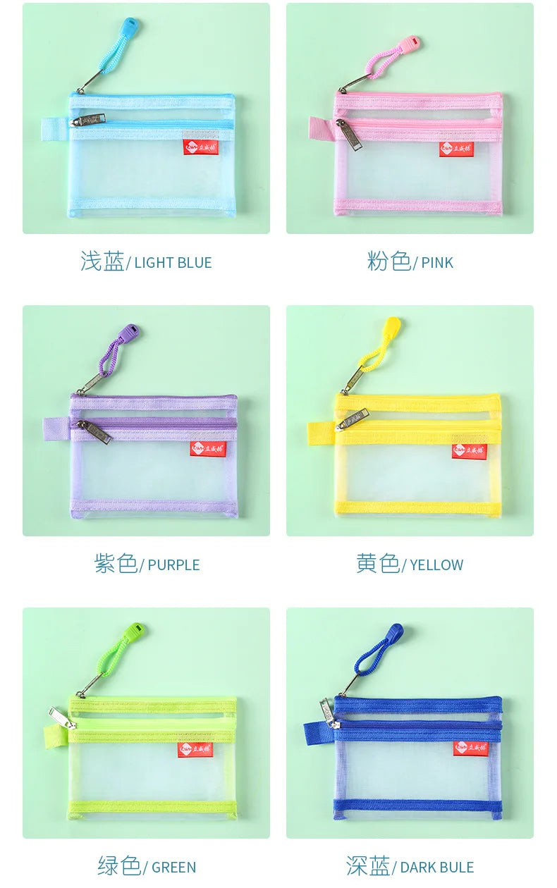 A collection of six compact double-layer zipper pouches in various colors including light blue, pink, purple, yellow, green, 