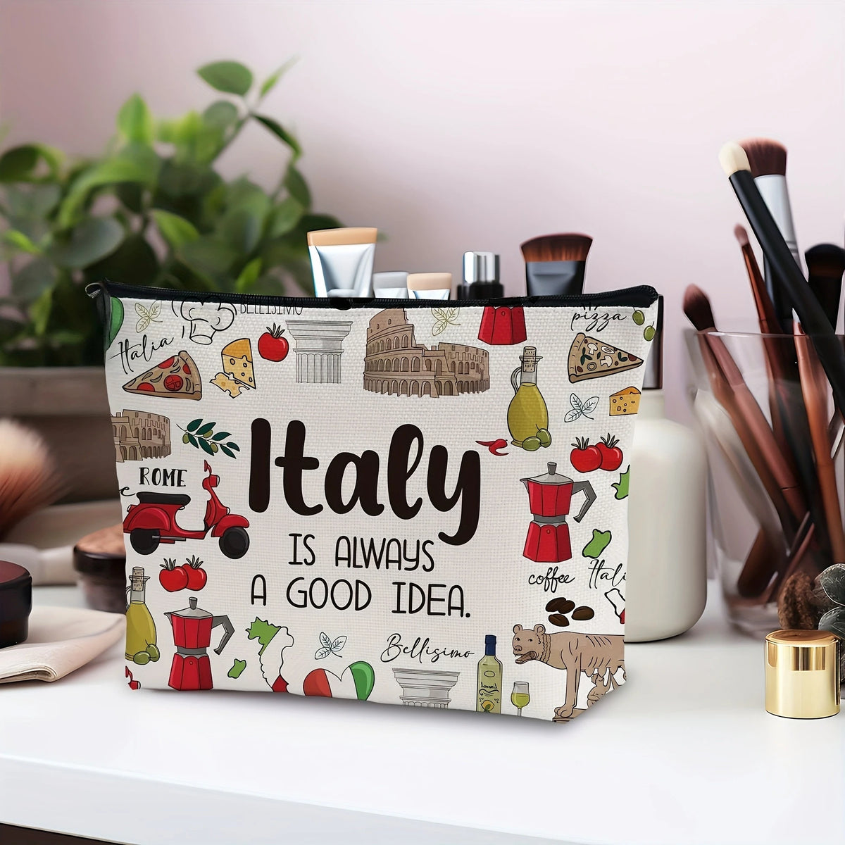 A canvas makeup bag featuring various Italian landmarks, food items, and symbols.