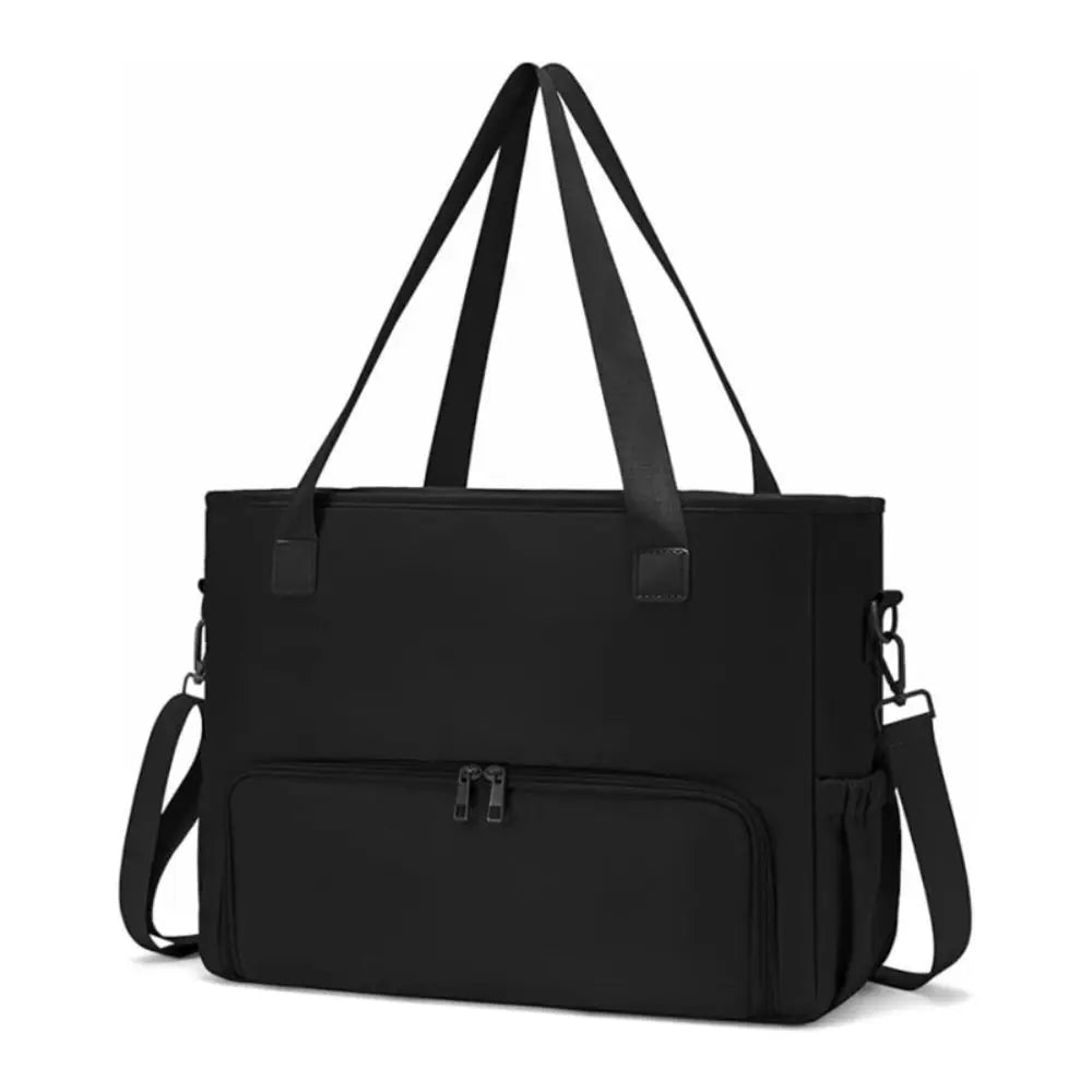 Black insulated 2-in-1 lunch tote bag designed for laptop and essentials