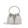 Silver crystal-embellished evening clutch bag with a chain strap