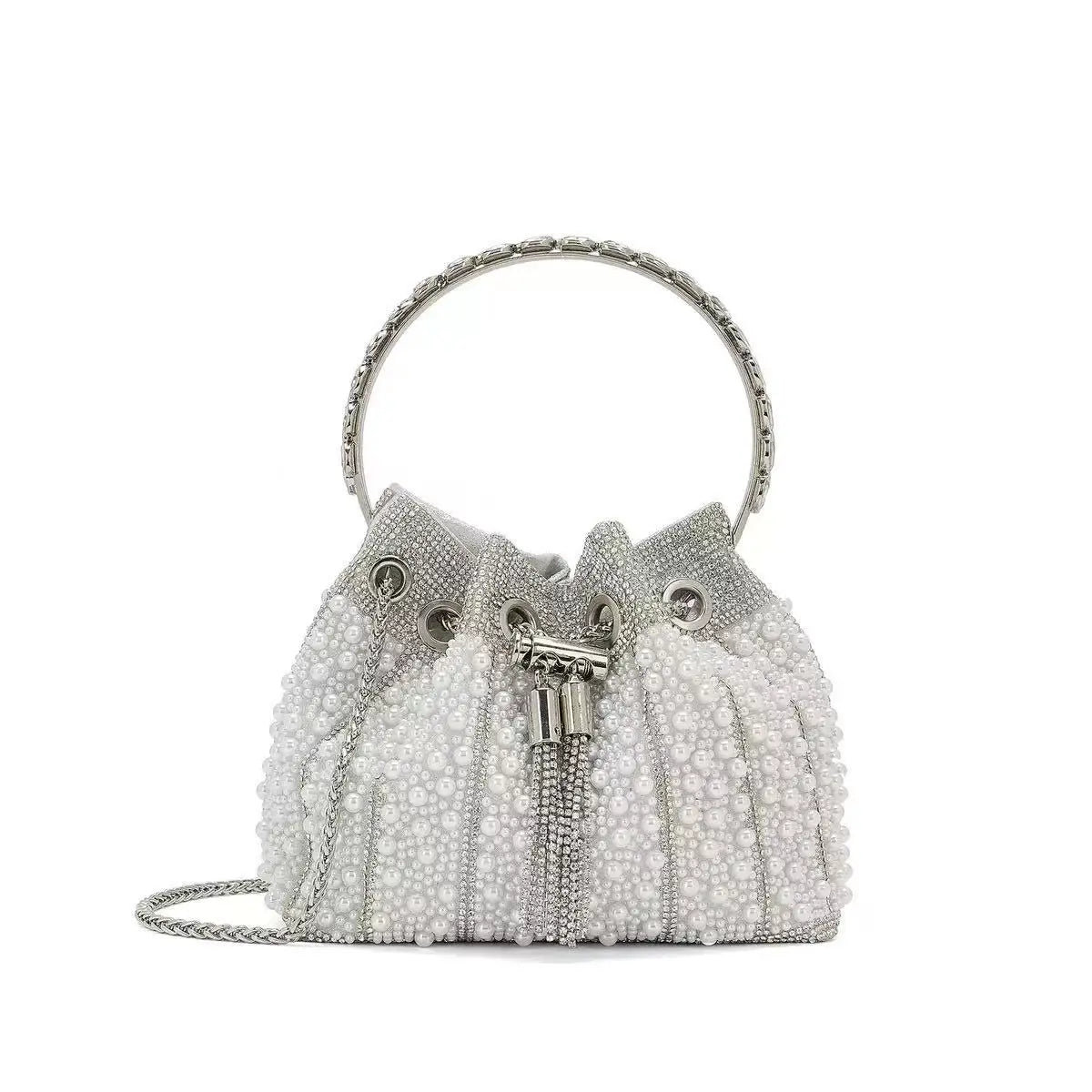 Silver crystal-embellished evening clutch bag with a chain strap
