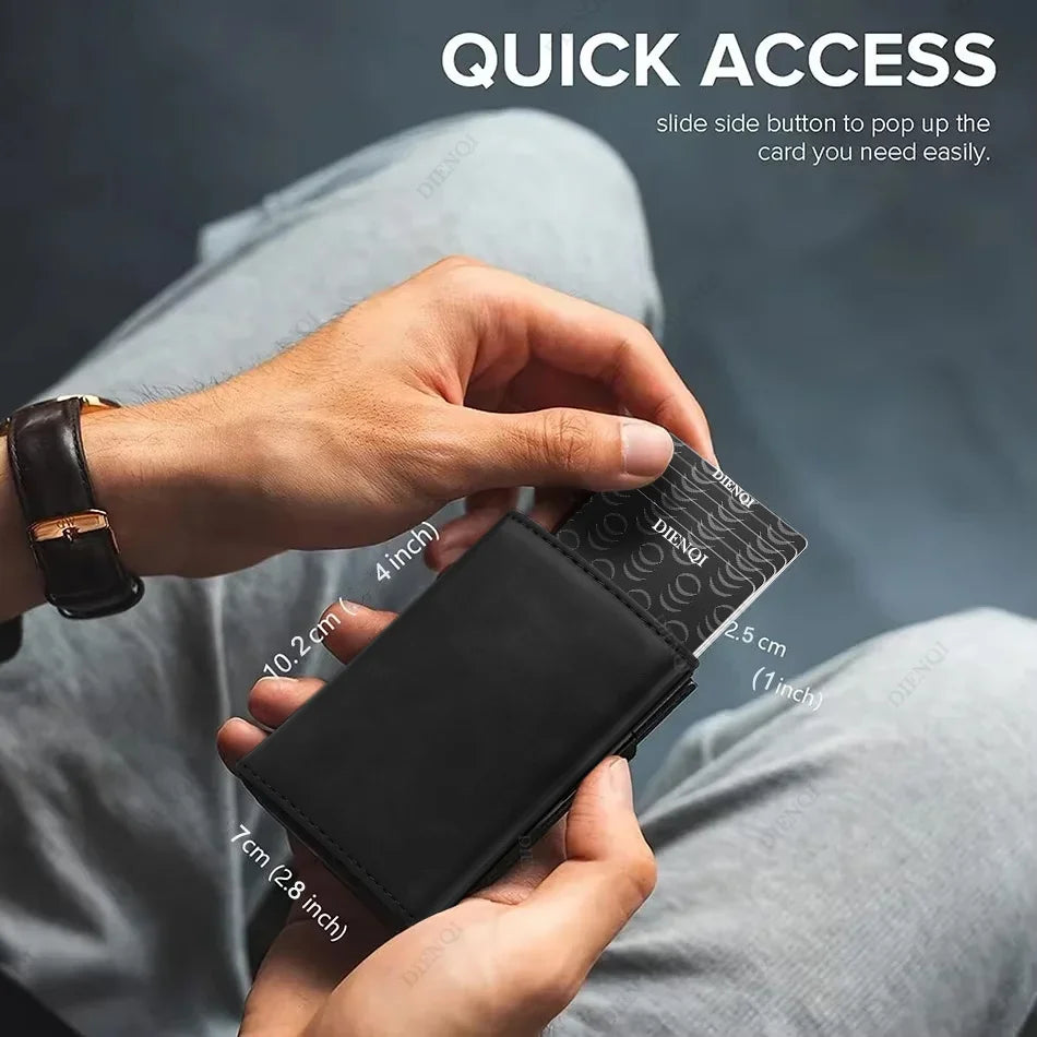 A hand holds a black slim RFID-blocking aluminum card holder wallet, demonstrating the quick access slide side button feature