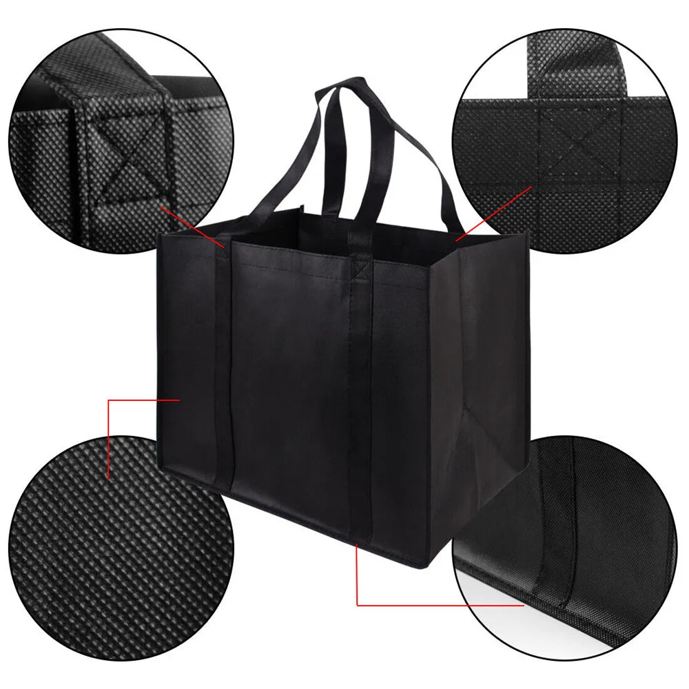 Black reusable eco-friendly tote bags shown in various angles and close-ups.