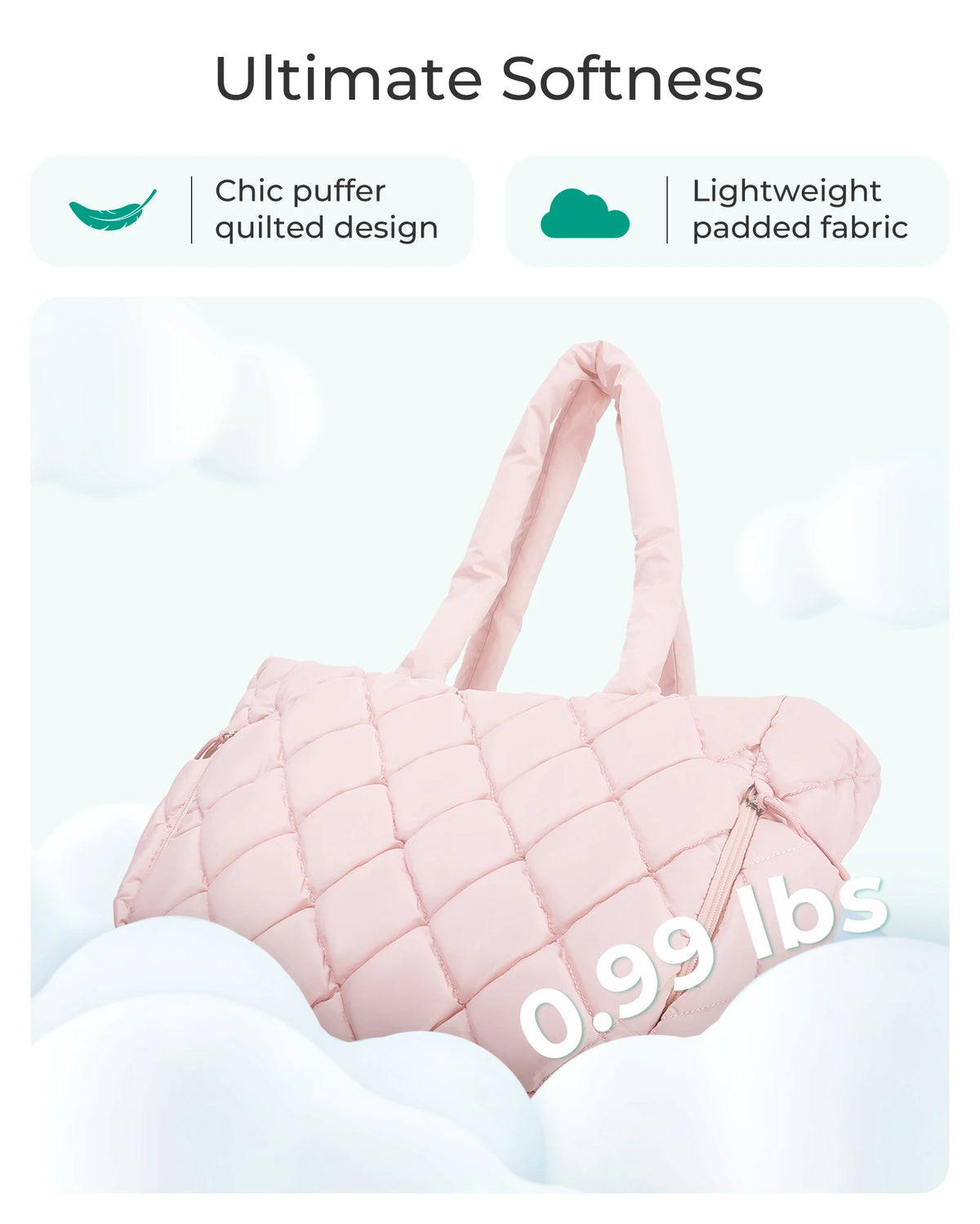 A light pink quilted puffy tote bag is shown against a white background, highlighting its ultimate softness and lightweight p