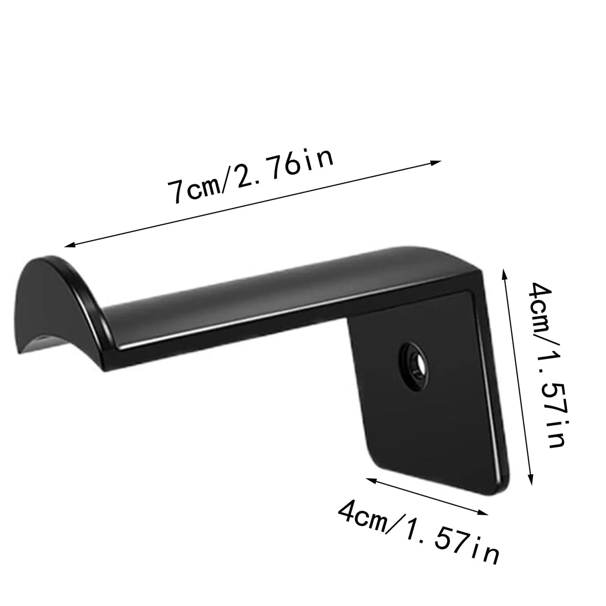Black magnetic wall hook with measurements showing its size.