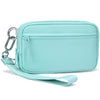 A light mint green multi-card wallet with a clear ID window and a strap is shown.
