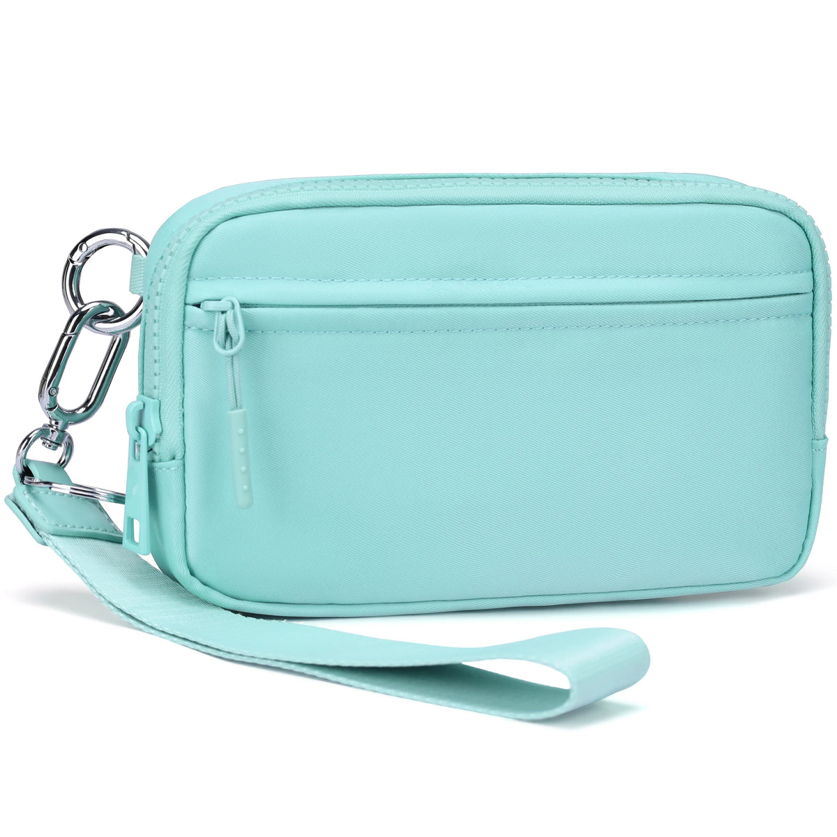 A light mint green multi-card wallet with a clear ID window and a strap is shown.