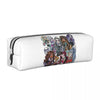 A white zippered pencil case featuring colorful illustrations of magical girls and anime characters.