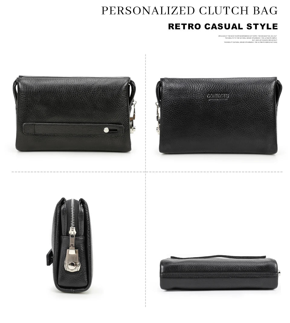 Pochette en cuir véritable noir pour homme, style rétro décontracté, vue sous plusieurs angles.