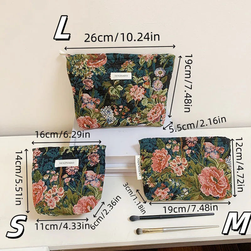 A set of three elegant vintage cosmetic pouches in floral patterns shown with measuring tools.