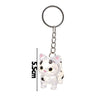 A clear plastic cat figurine keychain pendant with a silver ring.