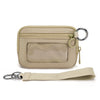 A beige multi-functional zipper wallet with a clear window and a leather keychain strap.