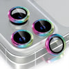 A close-up view of a glitter diamond camera lens protector with a metal frame for an iPhone, showing multiple lenses.