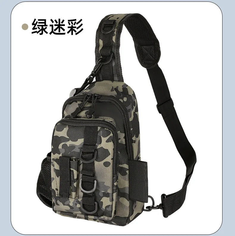 A camouflage patterned tactical fishing gear storage chest bag with a black strap.
