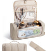 Organizador de herramientas para el cabello beige con gancho colgante y bolsa con cremallera separada.