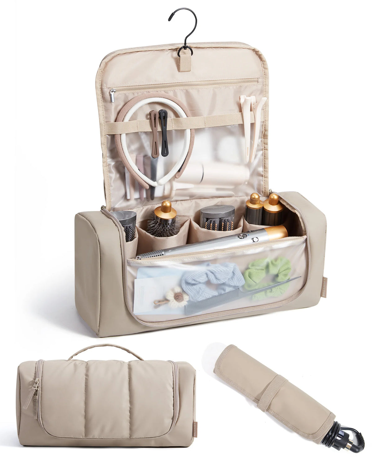 Organizador de herramientas para el cabello beige con gancho colgante y bolsa con cremallera separada.