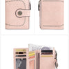 A light pink RFID anti-theft multi-card wallet featuring a leather flap and multiple card slots.