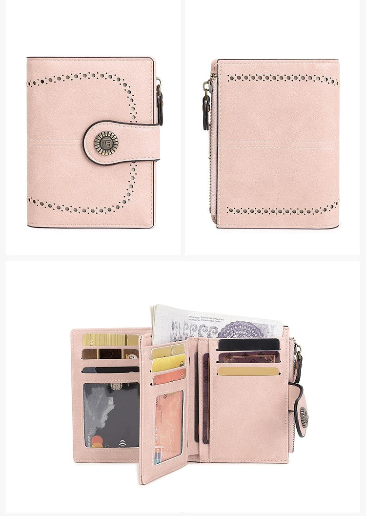 A light pink RFID anti-theft multi-card wallet featuring a leather flap and multiple card slots.