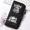 Cartera de cuero PU negro de vaca con cierre de cremallera y diseño de vaca grabado detallado.