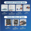 Instructions for using a vacuum storage bag and a travel roll-up bag.