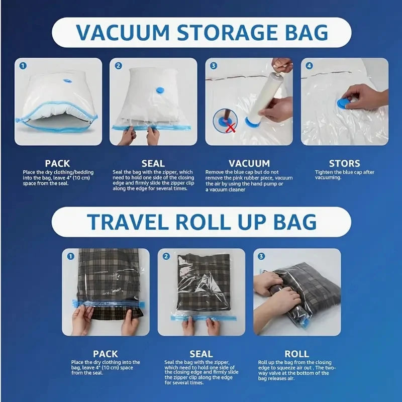 Instructions for using a vacuum storage bag and a travel roll-up bag.