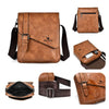 Brown men's PU leather messenger bag with adjustable strap shown in various views.