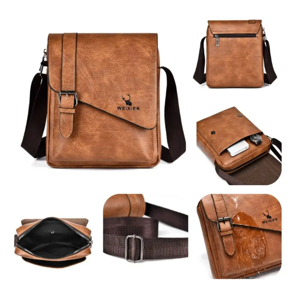 Brown men's PU leather messenger bag with adjustable strap shown in various views.