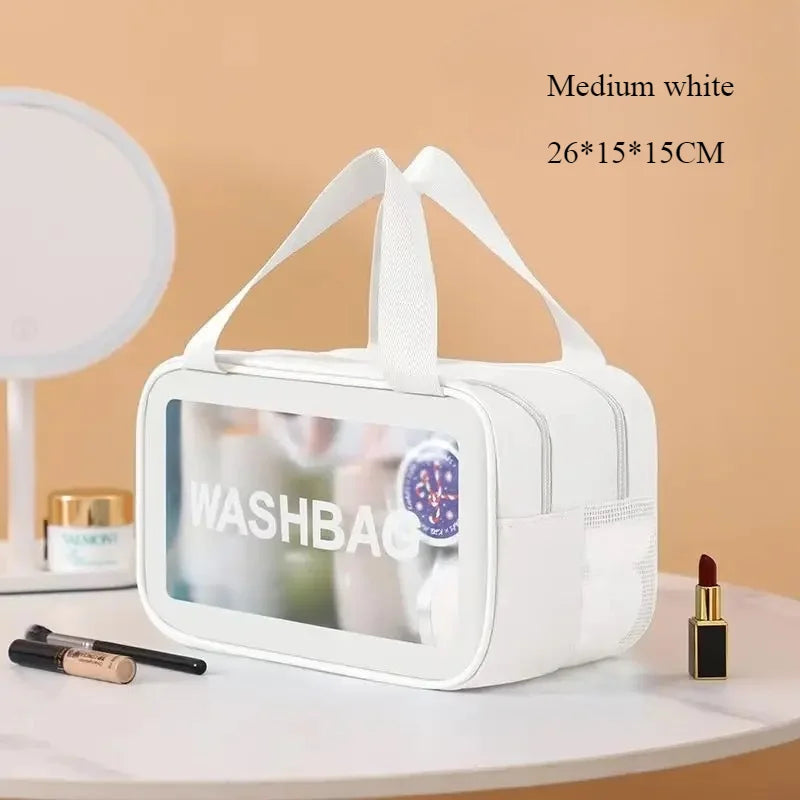 Medium white double-layer clear and dry wash bag with white straps shown on a white surface.