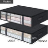 A black storage box with a lid, showing three fabric organizer bins inside.
