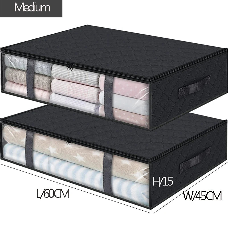 A black storage box with a lid, showing three fabric organizer bins inside.