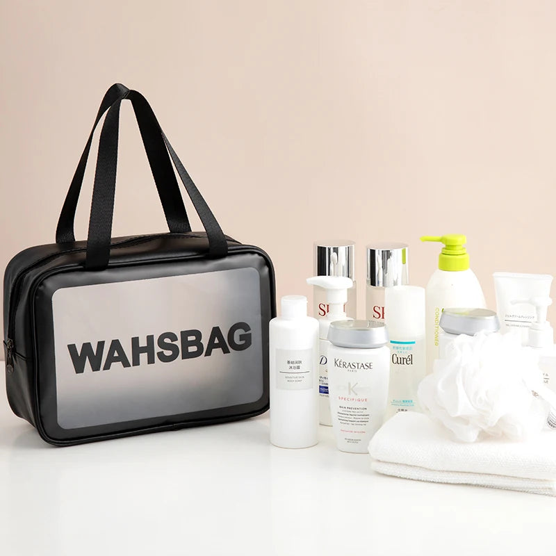 A black toiletry bag with a handle is shown next to various skincare and hygiene products.