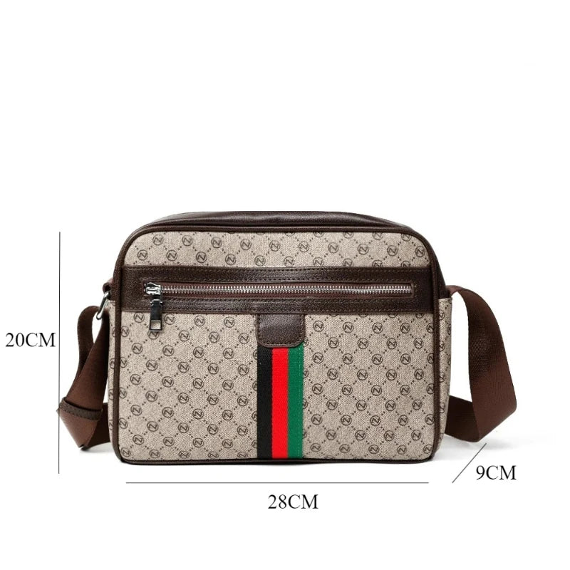A brown men's letter print crossbody sling bag with a zippered front and leather strap.