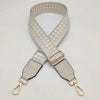 A beige braided nylon bag strap with metal hooks shown against a white background.