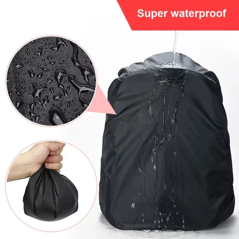 Black heavy-duty outdoor camping backpack rain cover being used to protect a bag from water.