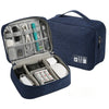 A dark blue leather cable storage organizer bag is shown open, revealing various electronic cables and accessories inside.