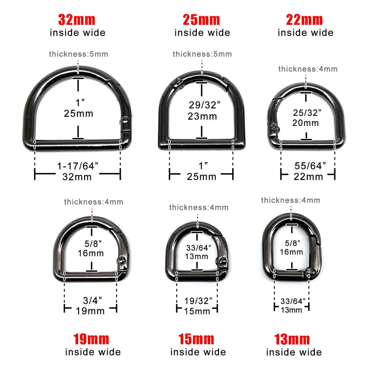 A set of D-shape metal spring ring clasps with various internal widths and thicknesses shown for bags and keychains.
