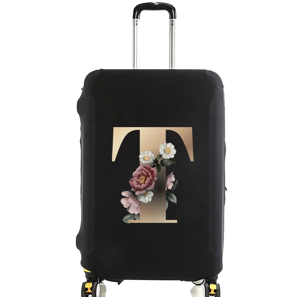 Black premium elastic luggage protective cover with a gold letter T design