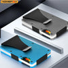 Vista cercana de una billetera minimalista de aluminio para bloquear RFID en colores azul y negro.