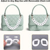 Light green quilted handbag with removable chain links and a close-up of the chain link accessory.