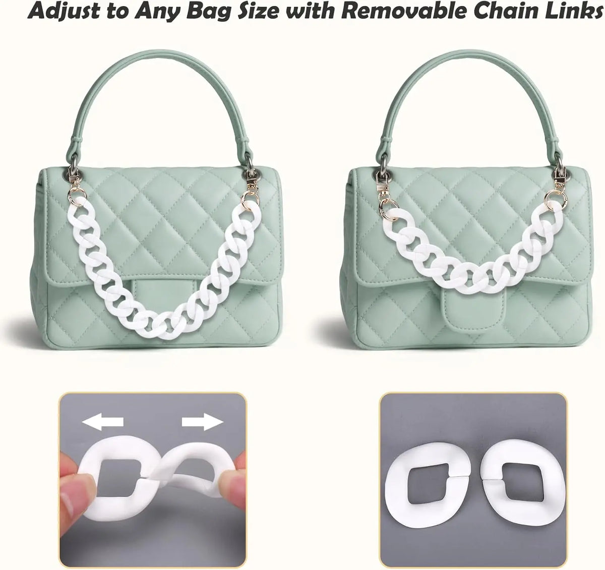 Light green quilted handbag with removable chain links and a close-up of the chain link accessory.