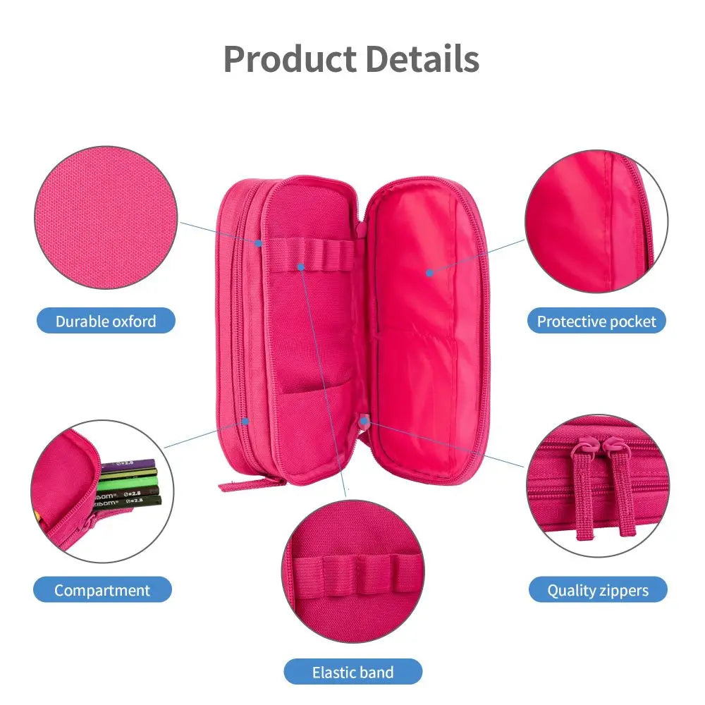 Pink fabric pencil case set showing various features like durable oxford material, protective pockets, compartments, and qual
